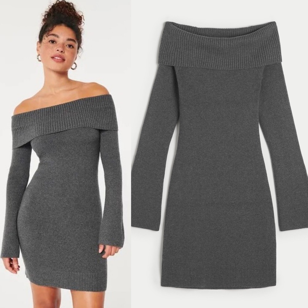 Hollister Sweater Dress Women Small Gray NWT‎ Off Shoulder Ribbed Knit Coquette